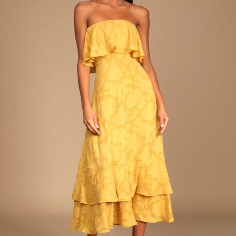 Lulus strapless floral yellow maxi midi dress